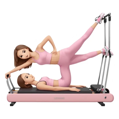 pretty caucasian teen with hazel eyes long brown hair wearing light pink workout clothes doing a plank on a pilates reformer sticker