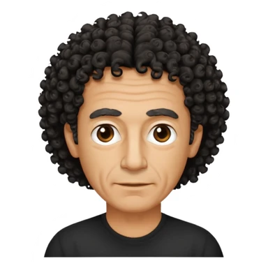 60 year old Greek man with short black curly frizzy thin hair that sticks up and has a black shirt sticker