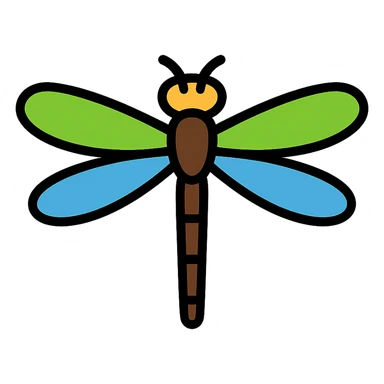Create a more minimalist version of a realistic dragonfly with bright green and blue wings, in the color outline icon style. Simplify the shapes and details while keeping the vibrant wing colors and the overall dragonfly form. sticker