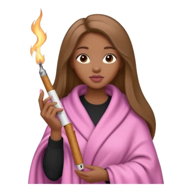 Curvy, light brown long hair, pretty black girl light pink lipgloss wrapped in blanket holding a lighter and brown cigarette  sticker