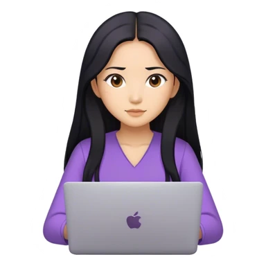 Long hair asian woman working on lavender laptop with brown eyes sticker