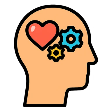 Vector illustration of a human head icon in profile view, with a heart or gears inside the head symbolizing emotional intelligence or cognitive processing. Clean and sharp lines, with subtle realistic shadows and glossy highlights for depth. Flat yet modern vector style. Transparent background sticker