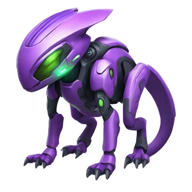 a purple-green Genesect-Raptor-Fakémon—hybrid with a futuristic visor-helmet full body sticker