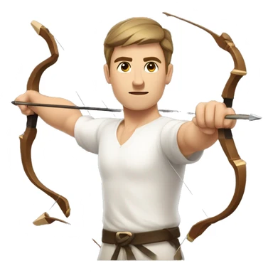 a male archer bending a bow, wearing a white shirt, very short brown hair, bright skin, only show upper part of the body from waist up sticker