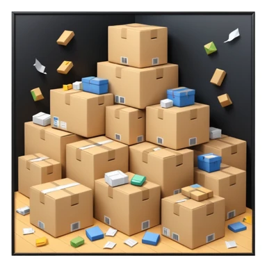 Generate a realistic emoji-style of a overfilled storage room where the packages are falling over sticker