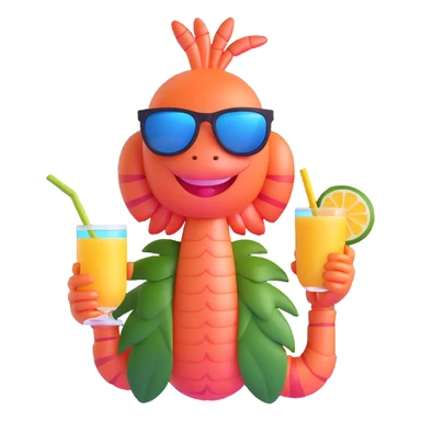 shrimp on vacation wearing sunglasses and a hawaiian shirt, holding a tropical drink, relaxing on a beach, memoji style sticker
