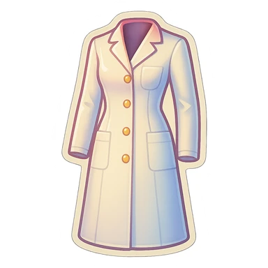 female medical coat full length, fitted silhouette, retro stickers style, soft rounded shapes, clean contours, pastel palette, shadows and highlights, modern illustration, transparent background sticker