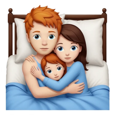 Ginger boy hugging girl with very dark brown hair. Both have blue eyes. They are in bed.  sticker