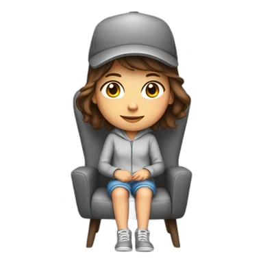 girl with brown hair sitting on a gaming chair, wearing a hat and grey onesie sticker