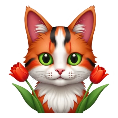 tricolor fluffy cat with big green eyes holding red tulips in her arms sticker