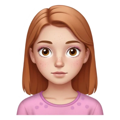 Young girl with freckles on her face, light brown eyes, long eyelashes, marked eyebrows, light brown hair, pink clothes sticker