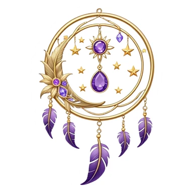Epic beautiful gorgeous cute gold suncatcher, threads with shiny sparkly amethyst gemstones, flowers, crescents-moons, stars, violet Feather, gold feather sticker