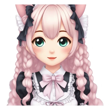 Gorgeous anime style catgirl with blushing face with maid outfit laces gothic Lolita idol model kawaiicore pastelcore cottagecore pearly petite simplistic aesthetic trending style sticker