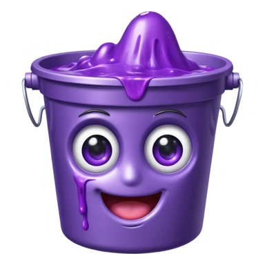metallic bucket filled with purple slime with big eyes and a happy face sticker