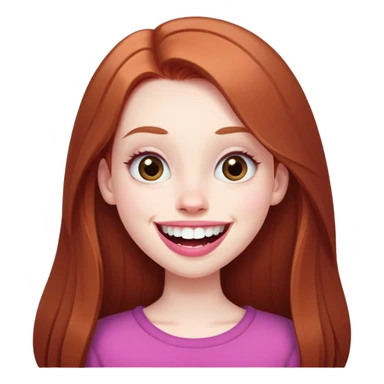 Young girl with pale skin, longer face, full pink lips smiling with big teeth, very long straight auburn hair (lighter ginger, not bright red), big brown eyes, extra large nose, big mouth, slightly asymmetrical features, less conventionally pretty sticker