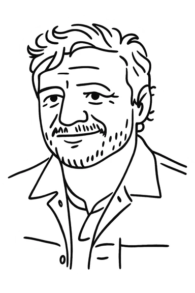 Create a hand drawn black outline portrait illustration with no fill, based on the reference photo, showing a friendly expression. The style is hand drawn with black outlines and no fill, supporting text and verbose prompts. sticker