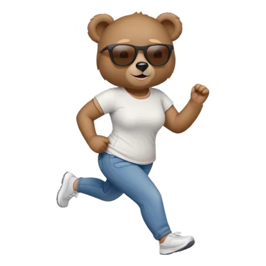 friendly anthropomorphised female bear in jeans and a t-shirt, wearing dark sunglasses, jogging upright in standard pose sticker