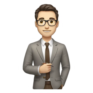 Pale skinned fit man with dark brown hair in gray jacket, beige office shirt, brown tie, brown pants and vintage glasses Writing text on a marker board sticker