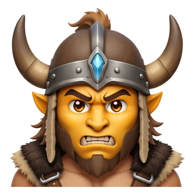 Clash of Clans aesthetic: Cinematic Fierce Barbarian Portrait Emoji, Poised and bold with a rugged yet cartoonish build in tattered furs and a horned helmet, his face rendered in a natural skin tone (not yellow), expressive bright eyes and a confident smirk, Simplified yet dynamic features, highly detailed, glowing with a vivid, adventurous aura, high shine, heroic and spirited, stylized with an air of medieval warrior charm, focused and energetic, soft glowing outline, capturing the essence of a fearless barbarian adventurer ready to lead his clan with spirited valor! sticker