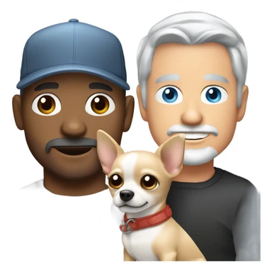 blue eyed man with gray hair and goatee wearing ball cap holding chihuahua with long black hair sticker