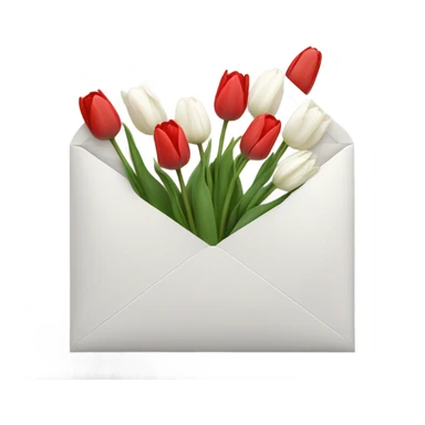 White-ish enevelope with 4 red tulips and 4 white tulips in sticker