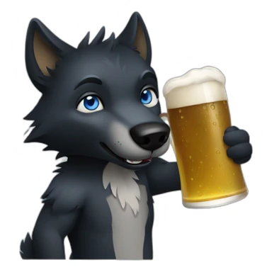 black wolf with blue eyes drinking a beer sticker