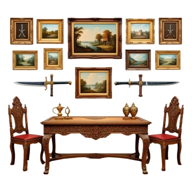 Icon for Antiques Collecting: vintage intricately carved furniture, famous paintings, antique swords, and rifles. The items are displayed on a wooden table or shelf. The icon should evoke the rich history and craftsmanship of antique collecting. Transparent background. sticker