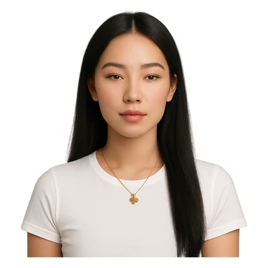 a serene woman with long straight black hair parted in the middle, light healthy complexion, almond eyes with gentle makeup, full lips with coral tint, white fitted t-shirt, gold four-leaf clover necklace, calm and neutral expression facing forward sticker