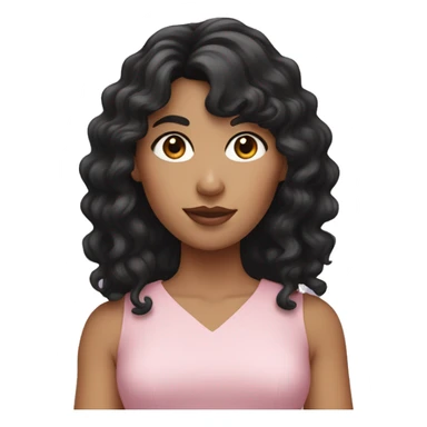White woman with long black curly hair and bangs and dark brown eyes, wearing a pastel pink dress sticker
