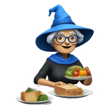 smart granny witch with glasses and blue hat lunching with friends sticker