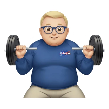 happy chubby man, bench Press,  blond short and hight receding hairline, wearing a dark blue sweatshirt, nasa logo on the sweatshirt, round glasses without frame, 40 years old sticker