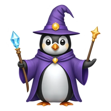 penguin wearing wizard hat and robe holding a magic wand sticker
