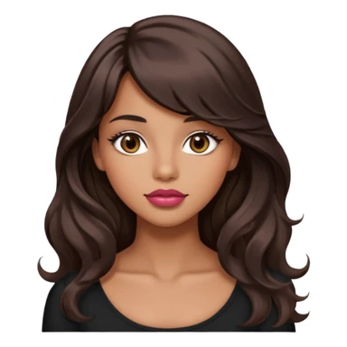 beautiful girl with black wavy long hair and side-swept bangs, tan skin, rose-coloured lips and hazel eyes who looks like a model sticker