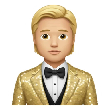 Brad Pitt with golden blonde hair, cream sequin suit with bow tie sticker