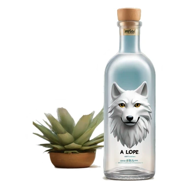 A tequila blanco classic transparent long cylindrical bottle with a wolf on top of the label, "Lopez" on the middle, and agave plants on the bottom. Only the cap is made of light wood. sticker