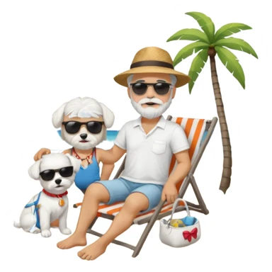 white man grey hair beard holding a white Maltese relaxing on a beach full body sticker