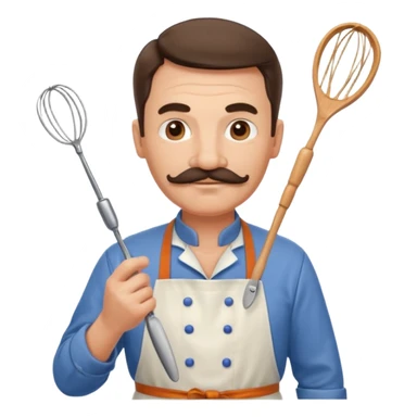 Middle-aged male pastry chef – mustache, wearing apron and whisk in hand
 sticker