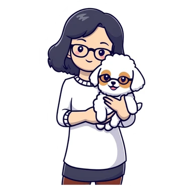 Girl with long black hair and glasses holding a white Bichon Frise dog sticker
