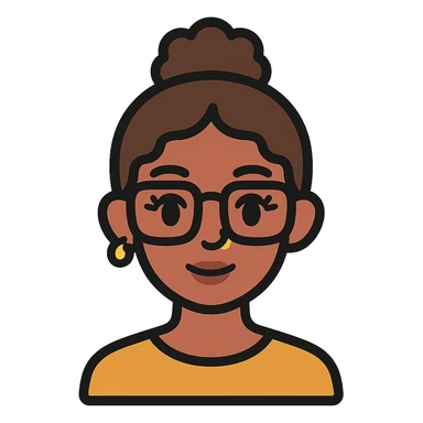 23-year-old girl with square thin glasses, brown curly hair in a high bun, big eyes and lashes, small nose and mouth, thin hoop nose piercing sticker