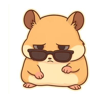 A hamster wearing sunglasses, the sunglasses have slipped down to the bottom of the eyes, the hamster lowered his head, his eyes were dull, sticker