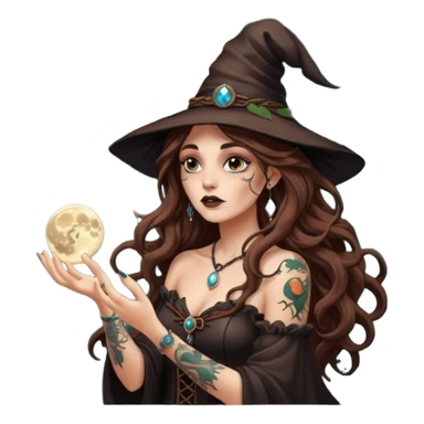 forest witch woman long wavy brown hair tattoos blowing moon dust sticker