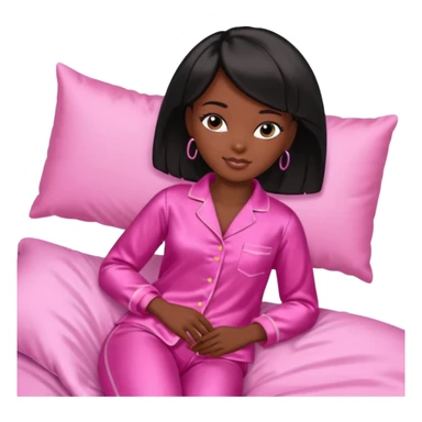 Dark skin Black barbie, short  black bob  hair, pink pajamas in bed sleeping  sticker