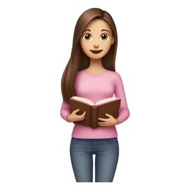 fair-skinned girl with long and straight brown hair holding a baby-pink-colored book sticker