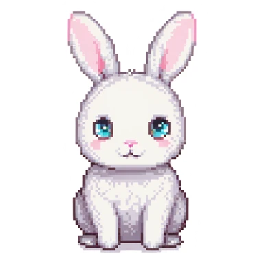 cute white bunny sitting facing forward on a green grassy field, pixel art style, large eyes, small pink nose, round body, soft and gentle expression, simple 2D flat colors, no background details beyond grass sticker