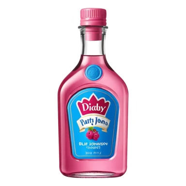 bottle of oil blue top pink outside with logo that says Diddy Party oil Johnson and Johnson  brand with a smiling berry on top sticker