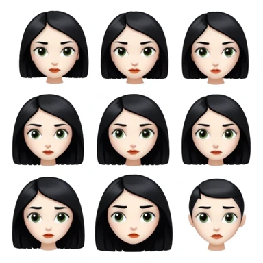 a Slavic-looking girl with black hair with a square hairstyle, in the style of illustrations by Tim Burton, expresses different emotions sticker