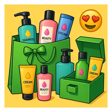 Gift bag with beauty products (shampoo, creams, styling products), a gift bag is beautyful open box with luxury brand-labeled beauty products standing nearby, emoji style, green bag sticker
