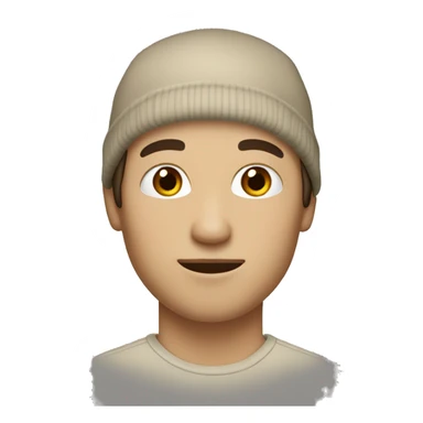 A white person with medium-length dark-brown hair, beige beanie, brown eyes, No body only head, face. sticker