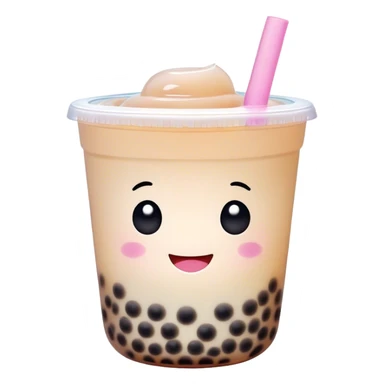 Cinematic pastel-colored bubble tea, chubby cup with a smiling face, tiny black tapioca pearls peeking out, soft glowing background, playful and adorable. sticker