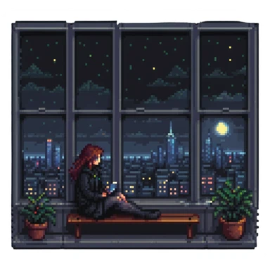 woman in a window seat, city lights outside, pixel-art style sticker